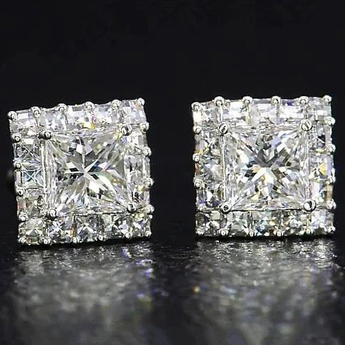 Classic Square Full Diamond Zircon Stud Earrings Hip Hop Micro Pave Unisex Sparkling Jewelry