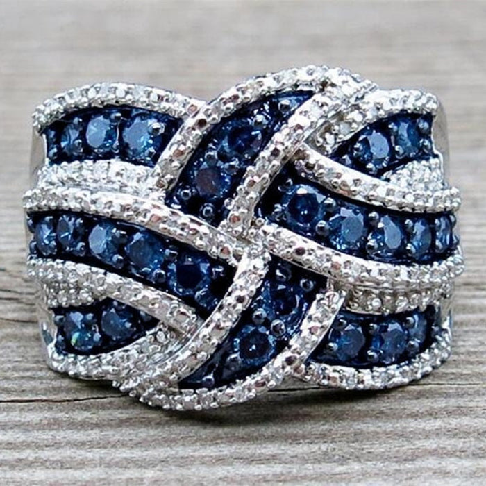 Full Pave Royal Blue Zircon Statement Engagement Ring For European And American Women
