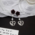 Silver Needle Rose Flower Earrings, Vintage French Pearl Asymmetric Camellia Stud Earrings view 3