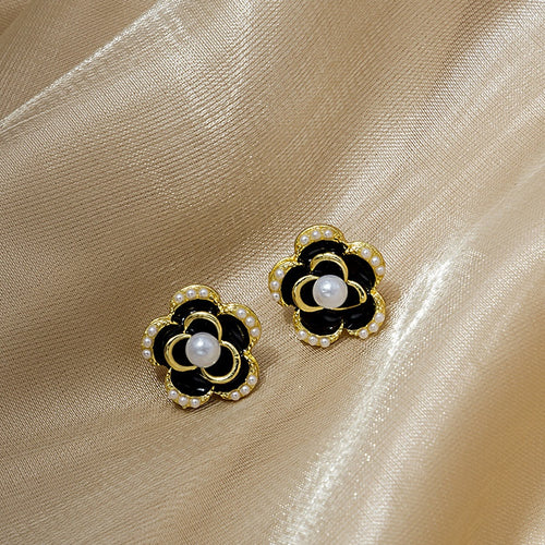 Silver Needle Rose Flower Earrings, Vintage French Pearl Asymmetric Camellia Stud Earrings