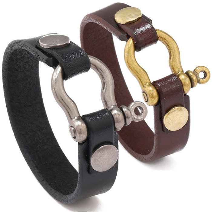 Simple Punk First Layer Cowhide Leather Bracelet With Horseshoe Buckle, Men's Leather Bangle
