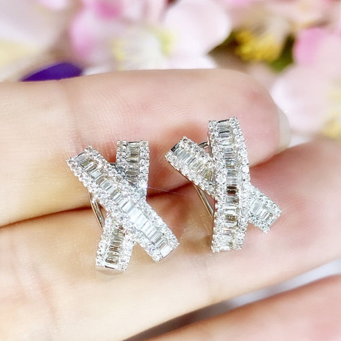 Light Luxury Cross Trapezoid Square Zircon Bow Stud Earrings, Sweet Versatile Women's Jewelry