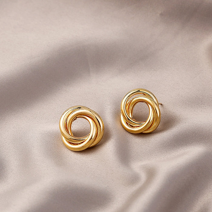 Elegant Gold Alloy Twisted Knot Hollow Geometric Studs, Polished Braided Hoop Statement Earrings
