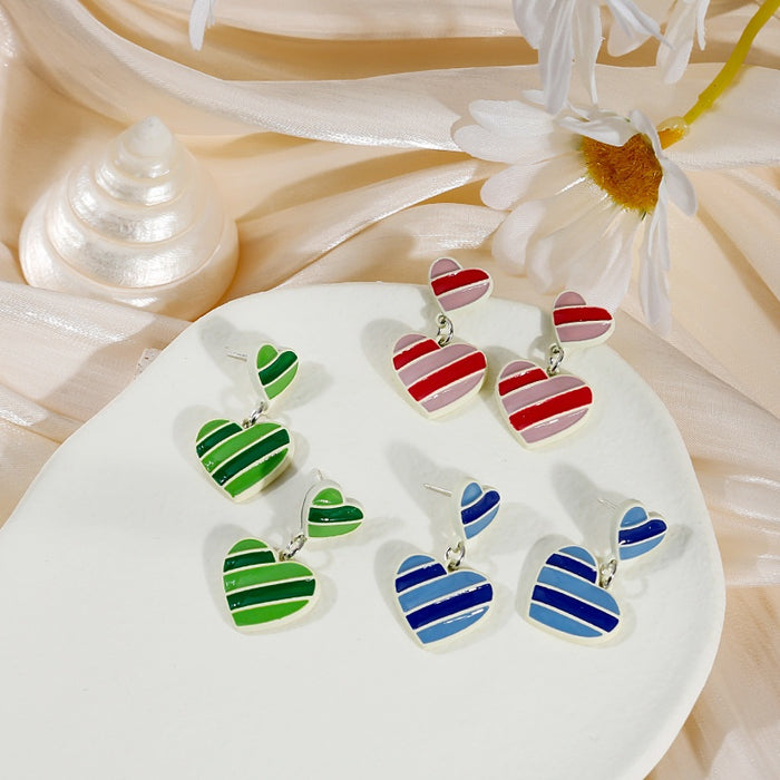 Sweet Cartoon Colorblock Double Heart Enamel Alloy Stud Drop Earrings