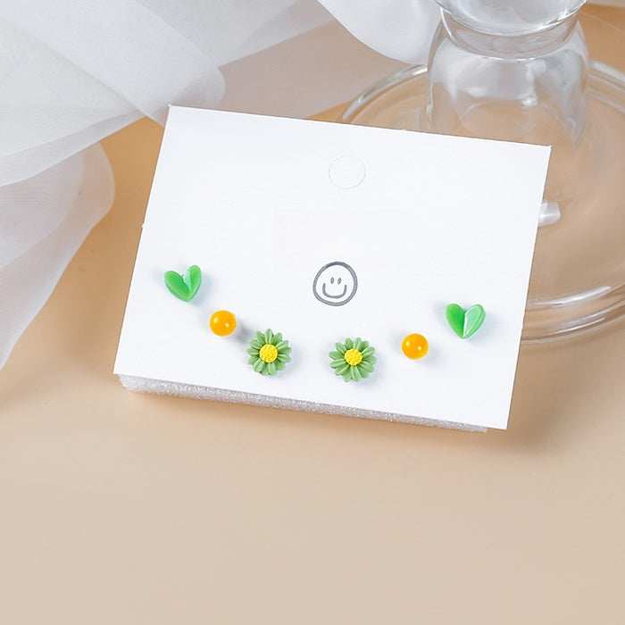 Green Daisy Heart Enamel Stud Set, Sweet Cartoon Contrast Color Mini 3 Pair Women's Earrings