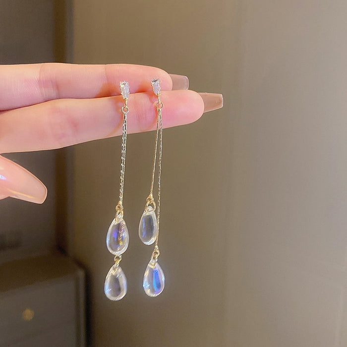 Korean Style Resin Teardrop Tassel Drop Earrings With Zircon Accents Long Minimalist Jewelry