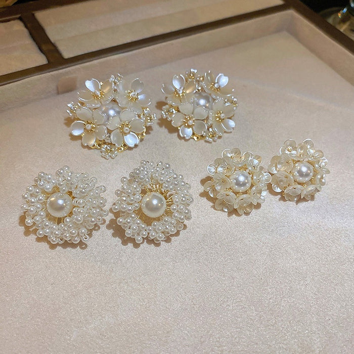 Gold Plated Pearl Flower Cluster Stud Earrings With Silver Pins French Forest Sweet Style