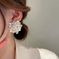 Gold Plated Pearl Flower Cluster Stud Earrings With Silver Pins French Forest Sweet Style view 2