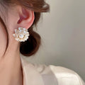 Gold Plated Pearl Flower Cluster Stud Earrings With Silver Pins French Forest Sweet Style view 4