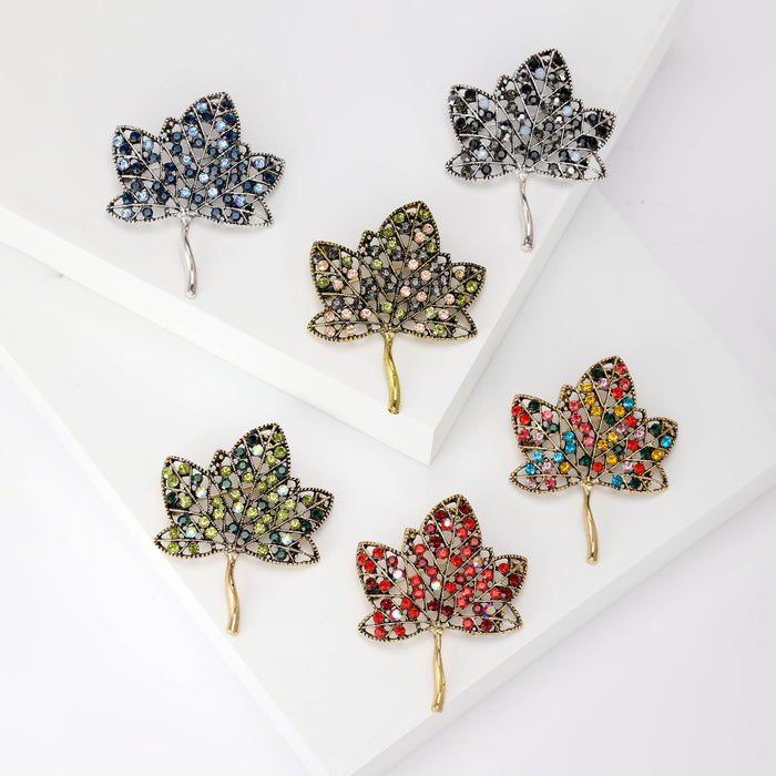 Alloy Hollow Rhinestone Leaf Brooch Pin For Fashion Apparel