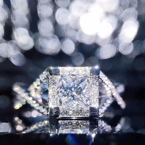 Luxury Micro Paved Sparkling Zircon Princess Cut Engagement Ring X Shape Light Luxury Wedding Ring