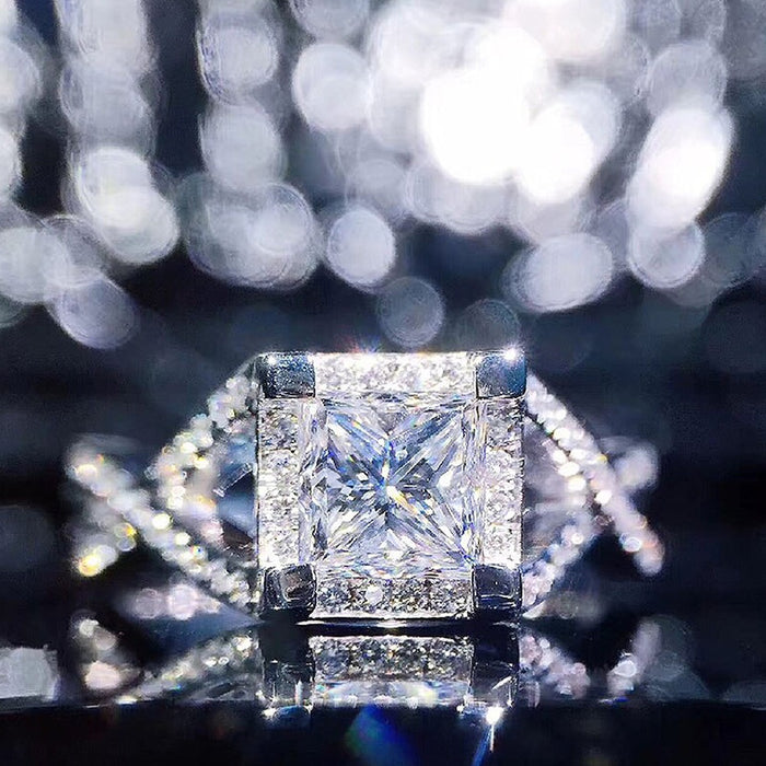 Luxury Micro Paved Sparkling Zircon Princess Cut Engagement Ring X Shape Light Luxury Wedding Ring