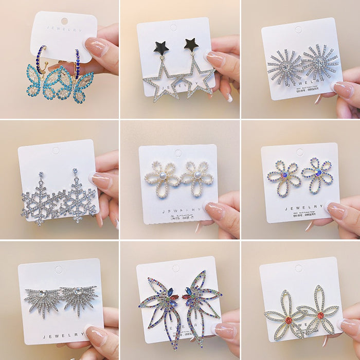 Luxury Rhinestone Star Flower Fishbone Stud Earrings With Silver Needle, Flashy Statement Earrings