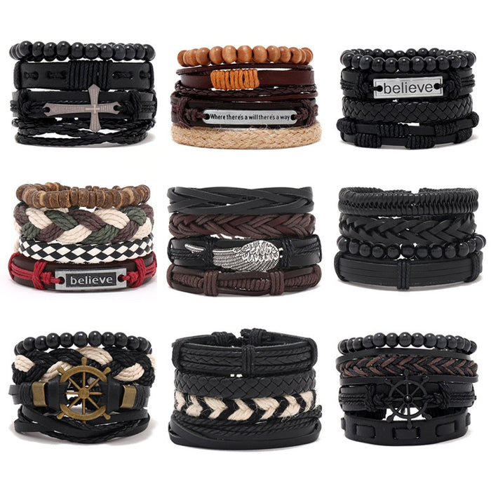 Simple Handmade Braided Vintage Leather Bracelet DIY 4 Piece Set Fashion Wristband Jewelry