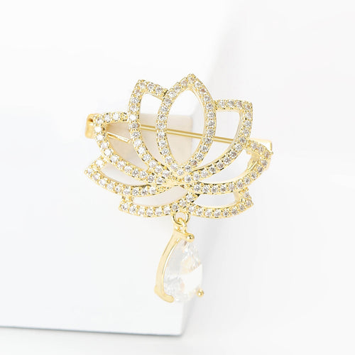 Copper Micro Pave Zircon Lotus Pendant Brooch Pin For Elegant Apparel