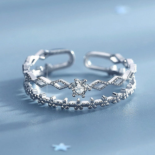 Stackable Lace Double Layer Zircon Ring For Women With Diamond Shape Hollow Flower Open Band