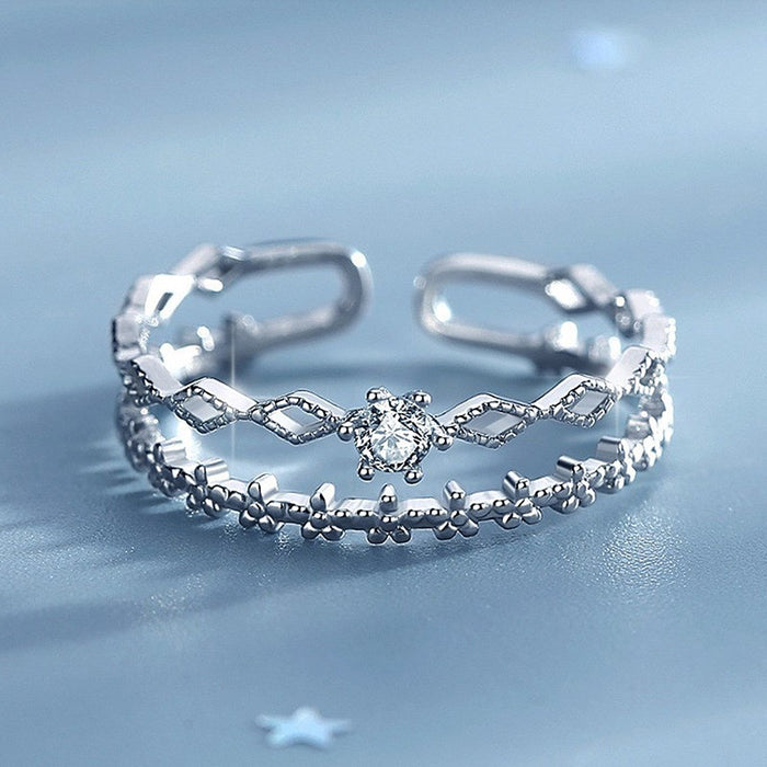 Stackable Lace Double Layer Zircon Ring For Women With Diamond Shape Hollow Flower Open Band
