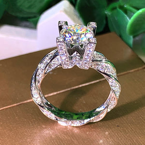 Platinum Plated Micro Pave Zircon Simulated Diamond Engagement Ring With Twisted Band For Women