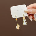 Elegant Alloy Enamel Asymmetric Cartoon Cat Fox Fan Flower Tassel Rhinestone Stud Drop Earrings view 2