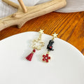 Elegant Alloy Enamel Asymmetric Cartoon Cat Fox Fan Flower Tassel Rhinestone Stud Drop Earrings view 4