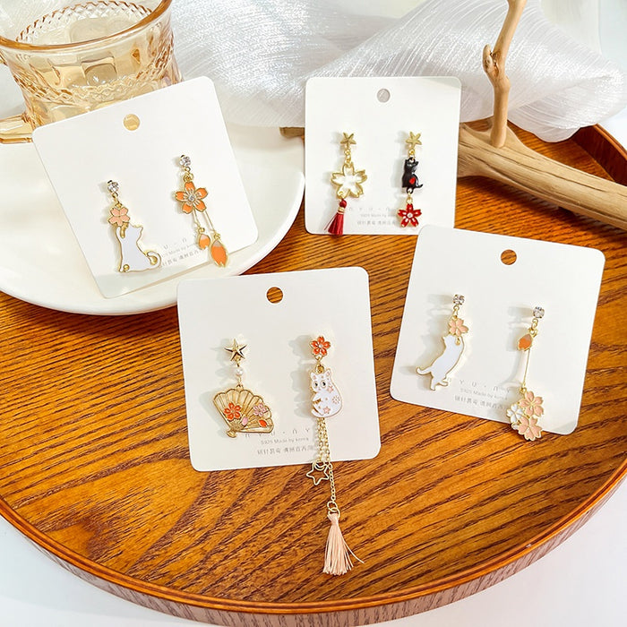 Elegant Alloy Enamel Asymmetric Cartoon Cat Fox Fan Flower Tassel Rhinestone Stud Drop Earrings