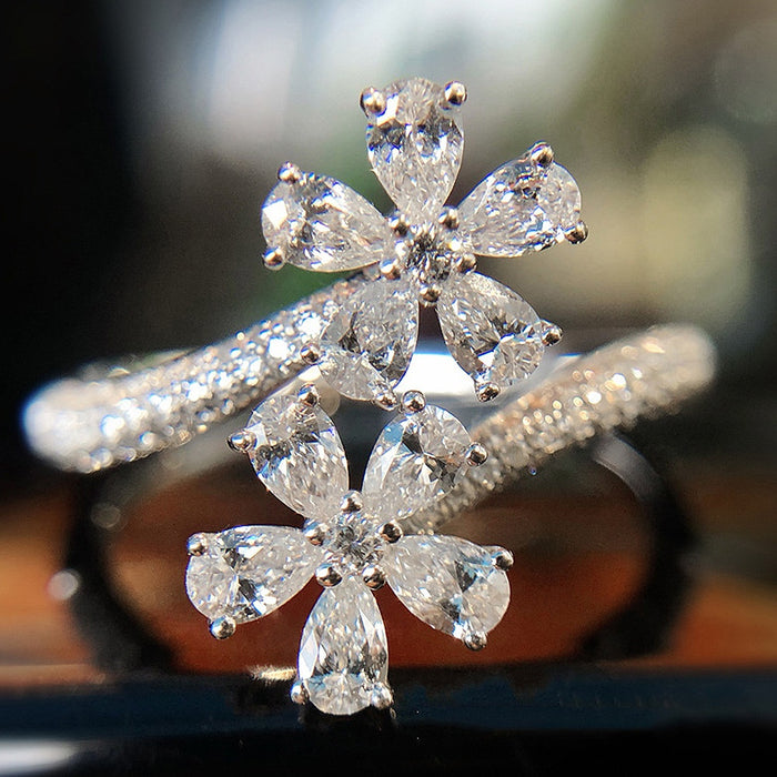 Fairy Style Flower Ring For Women, Pear Shape Water Drop Simulated Zircon Open Finger Ring