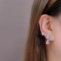 Pink Zircon Heart Stud And Rhinestone Bow Ear Cuff Two Piece Sweet Cool Alloy Earrings view 1