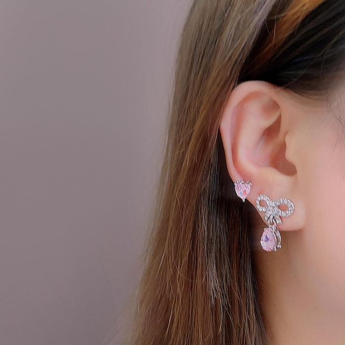 Pink Zircon Heart Stud And Rhinestone Bow Ear Cuff Two Piece Sweet Cool Alloy Earrings