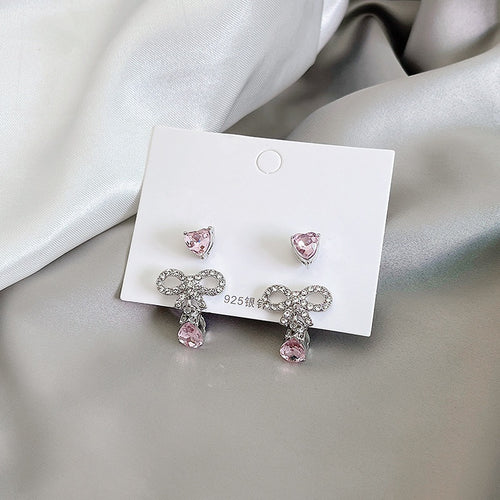 Pink Zircon Heart Stud And Rhinestone Bow Ear Cuff Two Piece Sweet Cool Alloy Earrings