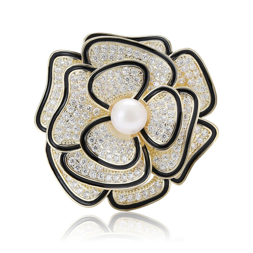 Copper Zircon Camellia Brooch Pin For Elegant Suit And Sweater Decoration