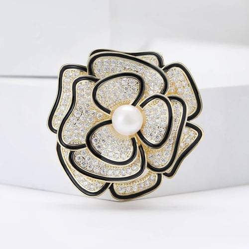 Copper Zircon Camellia Brooch Pin For Elegant Suit And Sweater Decoration