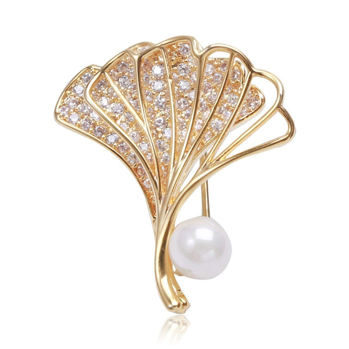 Alloy Zircon Pearl Ginkgo Leaf Brooch Pin For Clothing Fastening