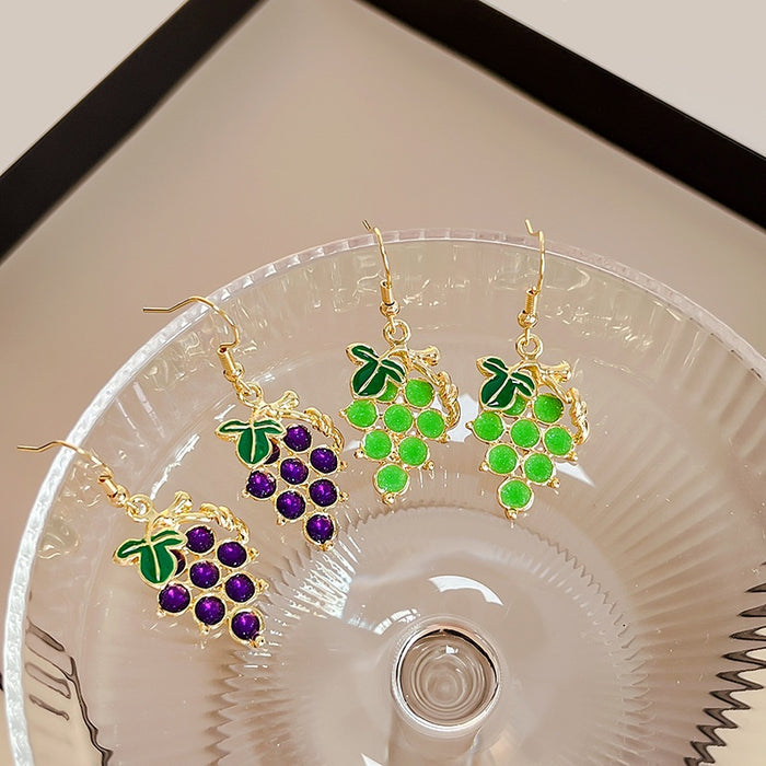 Cute Candy Color Enamel Grape Fruit Vine Leaf Gold Alloy Dangle Hook Women's Fashion Earrings