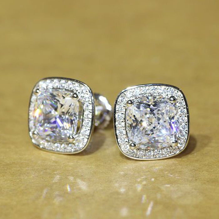 Full Pave Square Bag Stud Earrings With Sparkling Simulated Diamond Cubic Zirconia, White Gold Color