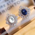 Vintage Diamond Shape Royal Blue Zircon Floral Stud Earrings For Women, Trendy Statement Jewelry view 3