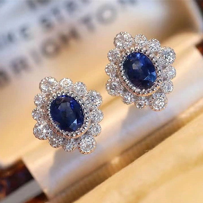 Vintage Diamond Shape Royal Blue Zircon Floral Stud Earrings For Women, Trendy Statement Jewelry
