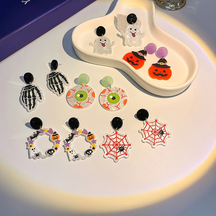 Halloween Acrylic Enamel Pumpkin Ghost Spider Web Skeleton Cartoon Stud Drop Party Earrings