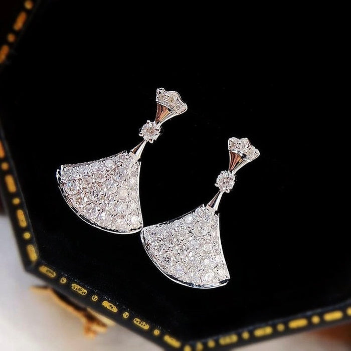 Classic Fan Shaped Mini Dress Earrings, Light Luxury French Cubic Zirconia Skirt Drop Earrings