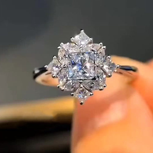 Minimalist Floral Full Cubic Zirconia Ring For Women, European Banquet Engagement Jewelry