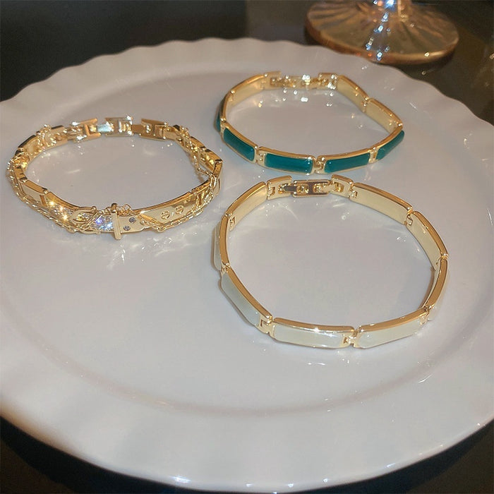 Gold Plated Cat Eye Stone Zircon Geometric Bangle Korean Style Light Luxury Jewelry