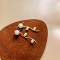 Elegant French Vintage Camellia Flower Pearl Branch Wavy Gold Alloy Stud Drop Fashion Earrings view 4