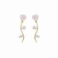 Elegant French Vintage Camellia Flower Pearl Branch Wavy Gold Alloy Stud Drop Fashion Earrings view 5