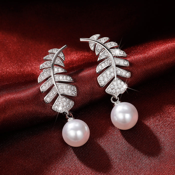 Baroque Style Long Leaf Drop Earrings With Sparkling Zircon And Faux Pearl For Women
