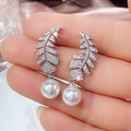 Baroque Style Long Leaf Drop Earrings With Sparkling Zircon And Faux Pearl For Women view 3