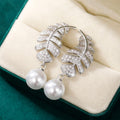 Baroque Style Long Leaf Drop Earrings With Sparkling Zircon And Faux Pearl For Women view 4