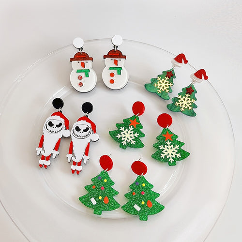 Cartoon Christmas Santa Tree Snowman Acrylic Enamel Stud Drop Holiday Gift Earrings