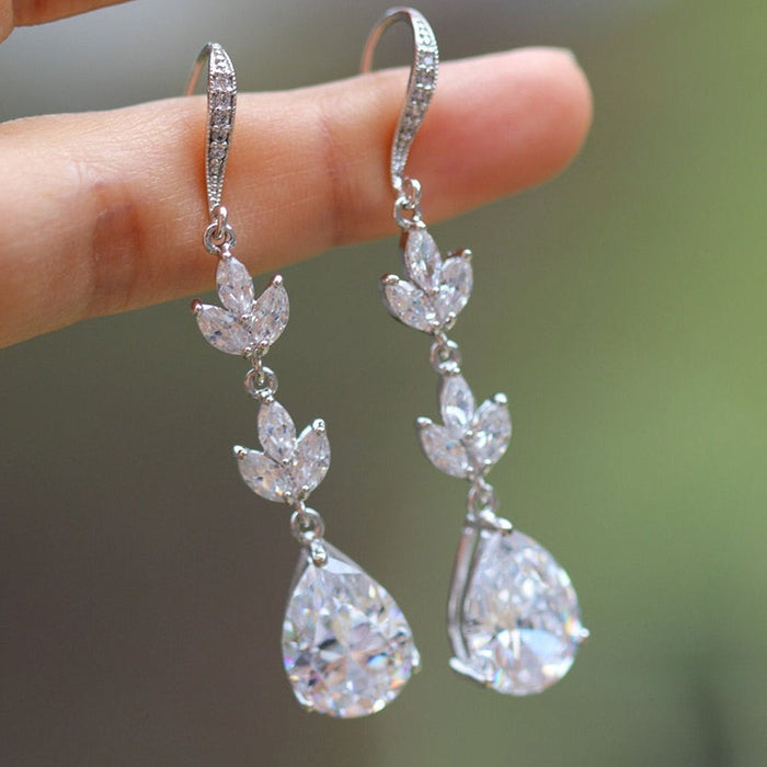 French Pave Zircon Water Drop Earrings, 3A Pear Shape Long Tassel Commute Earrings For Women