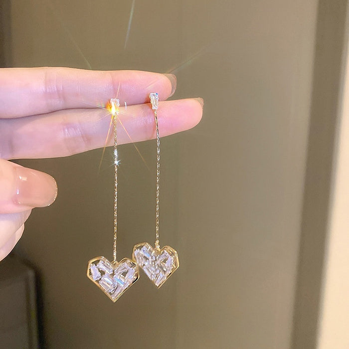 Metal Zircon Heart Drop Earrings Korean Style Long Dangle Silver Needle Jewelry For Women