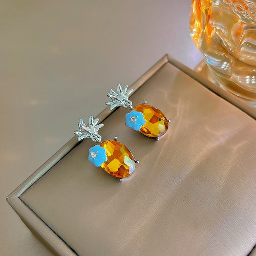 Luxury Yellow Crystal Flower Geometric Studs With Silver Needle And Blue Enamel Floral Accent Earrings