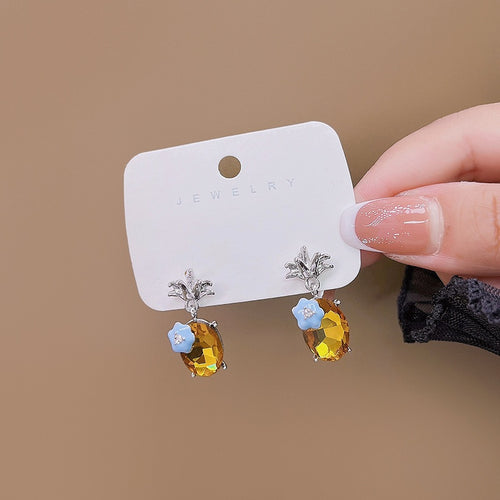 Luxury Yellow Crystal Flower Geometric Studs With Silver Needle And Blue Enamel Floral Accent Earrings